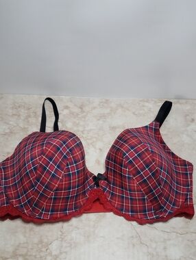 Adore Me Plaid Red Full-Coverage T-Shirt Bra with Lace Trim Size 38DD